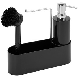 bremermann Sink Organiser for Kitchen and Bathroom, Sink Utensil Holder Including Soap Dispenser, Washing Up Brush with Brush Head and Dish Cloth Holder, with Replacement Brush Head and Pump, Black