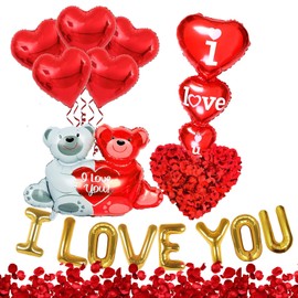 EULAPGOE Valentines Day Decor Foil Red Heart Balloons + Bear Balloons Anniversary Wedding Kit Red Rose Petals for Romantic Night Red Glitter Heart Garland Gold Letter I Love You Balloons Decorations