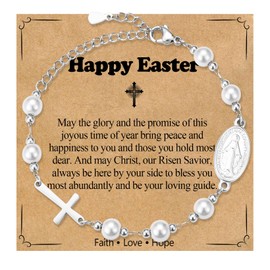 WIKHIA Pearl Cross Charm Bracelet for Girls, Easter Gifts for Teens Girls Kids, Catholic Religious Christian Jewelry Easter Eggs Stuffers for Goddaughter
