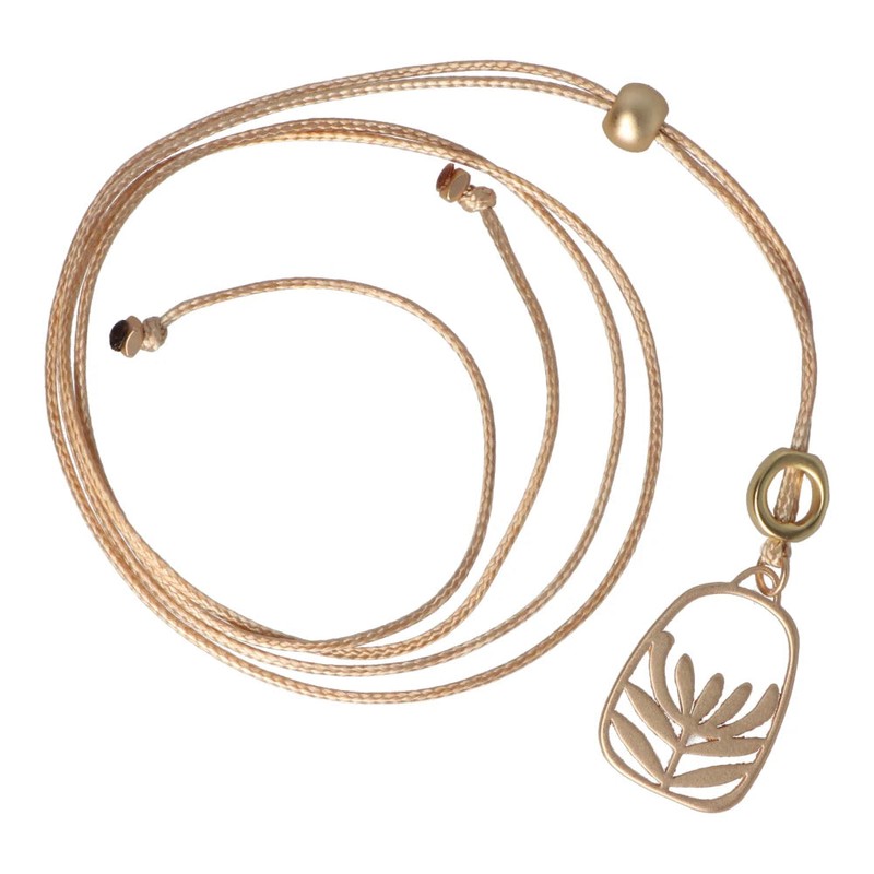 Rancho Necklace Gold Leucadendron Hollow Oval on Tan Cord