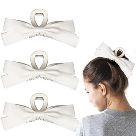 3pcs Hair Bow Claw Clips for Women, Elegant Claw Hair Jaw Clips Barrettes, Satin Bow Hair Clamps for Thick Thin Straight Curly Hair Accessories for Women Girls (White)