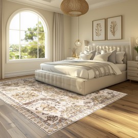 Bedroom Rug 5x7 Boho Rustic Retro Area Rug Vintage Tribal Floor Cover Machine Washable Indoor Carpet Non Slip Low Pile Accent Rug for Dining Room Home Office Study Living Room(Beige and Yellow,5x7ft)