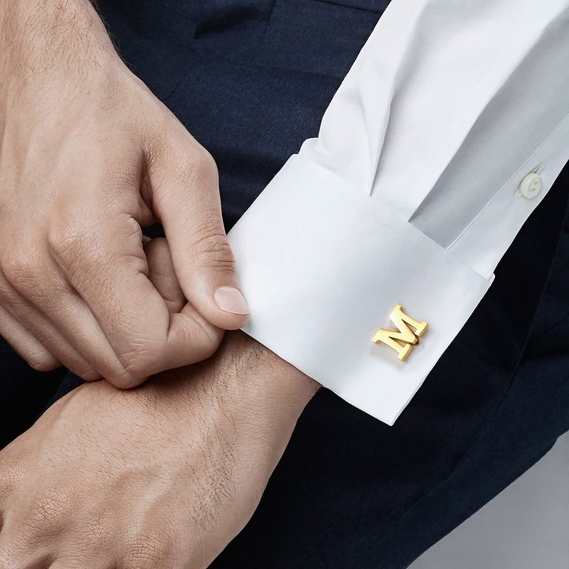 A-Z Initial Cufflink for Men, Classic 18k Gold Silver Black