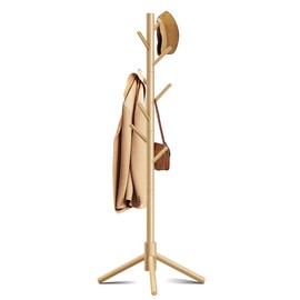 Azaeahom Coat Rack, Coat Racks Freestanding with 8 Hooks 3 Adjustable Heights for Clothes, Hats, Handbags, Coat Tree Easy Assembly for Entryway, Bedroom, Hallway, Office(Nature)