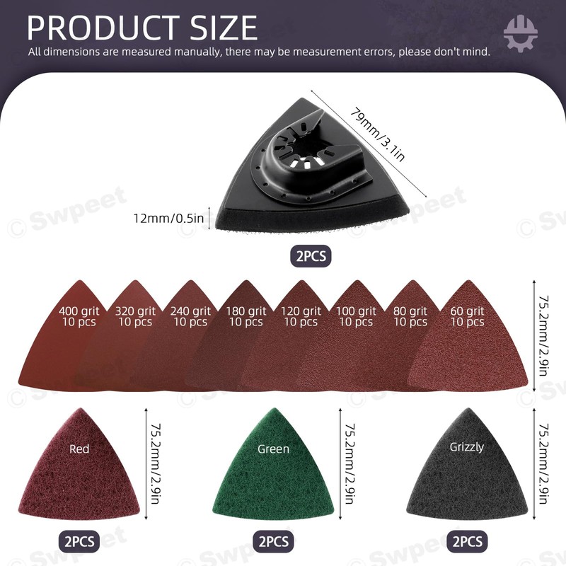 Swpeet 134Pcs Oscillating Tool Sanding Pads Kit, includes 2Pcs Triangle
