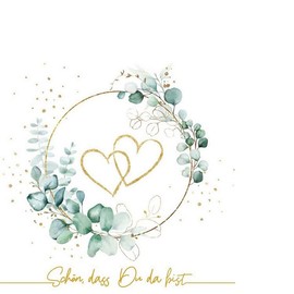 20 Small Cocktail Napkins Hearts Around Eucalyptus Gold White | Wedding | Marriage | Love | Schön dass Du da bist | Craft | Decoupage | Napkin Technique | Table Decoration 25 x 25 cm