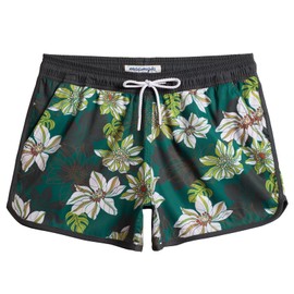 MaaMgic Swimming Shorts Women's Shorts with Mesh Pocket Quick-Drying Hot Pants Breathable Sports Shorts, Dark Green-White Flowers