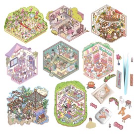 3D Sticker Scene, 8 Sets Stickers Therapy Kit, 3D House Cartoon Sticking Set Funny Cartoon Scene Stick with Tweezers Magic Classroom Animal Convenience Store Wedding Dress Shop and Other Scenes