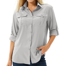 Women's UPF 50 Long Sleeve UV Sun Protection Safari Shirts Outdoor Quick Dry Fishing Travel Hiking Shirts #5070-Grey-M