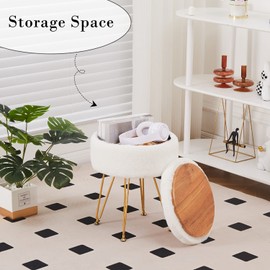 Cplxroc Footrest Footstools Round Faux Fur Ottoman with Storage Space Soft Vanity Chair Seat Coffee Table Ottoman Small Side Table Metal Legs with Adjustable Footings (Cream)