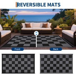 GarveeHome Outdoor Rug 5 x 8 Waterproof Modern Checkboard Plastic Straw Rug, UV-Resistant Outside Woven Camping Rug, Foldable Geometric Plaid Reversible Mat for Backyard, Picnic, Black Gray
