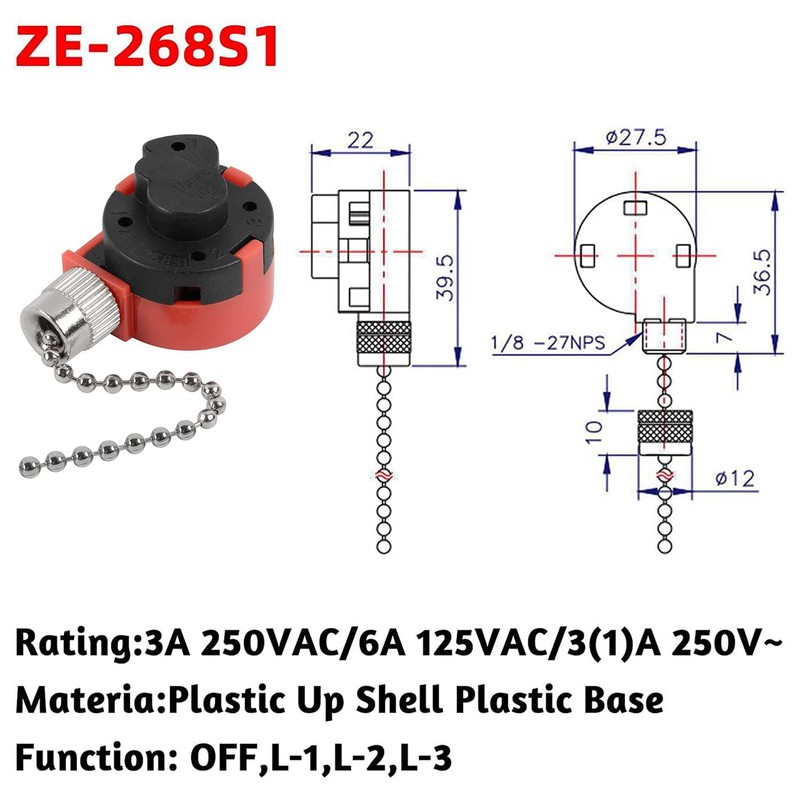 ZE-268S1 Ceiling Fan Switch, 3 Speed 4 wire Pull Chain