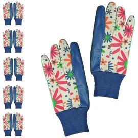 APQ Floral Gardening Gloves for Women, Medium 9" Long, 6 Pairs of Dark Blue Women's Gardening Gloves with Knit Wrist, Bright Print, Delicate Cotton Work Gloves, Washable Cotton Garden Gloves for Women