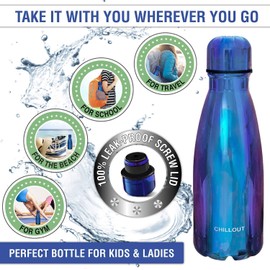 CHILLOUT LIFE Stainless Steel 2 Pack Water Bottle for Kids School: 12 oz Double Wall Insulated Cola Bottle Shape for Cold and Warm Drinks, 2 Set (Magic Rainbow - Magic Blue)