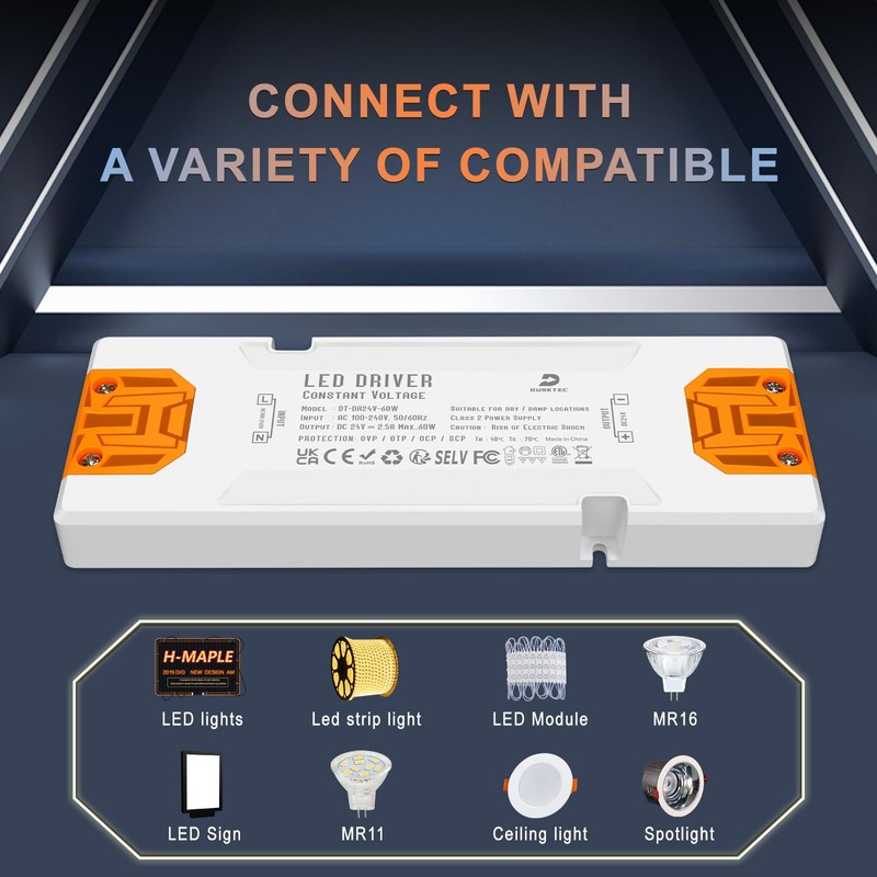 DUSKTEC LED Driver 24V 60W, IP44 Slim Switching Power Supply,