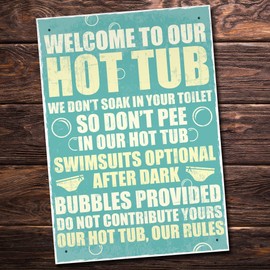 RED OCEAN Our Hot Tub Rules Novelty Hanging Garden Shed Plaque Party Pool Funny Gift Sign