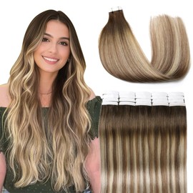 VINBAO 20 Pieces Real Hair Extensions 22 Inch Dark Brown to Light Brown with Medium Blonde Shade 50g #3/8/22 (Tape#3/8/22-55cm)