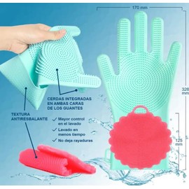 Guantes Silicona Lavar Trastes + Esponja, Grado Alimenticio, Antibacterial