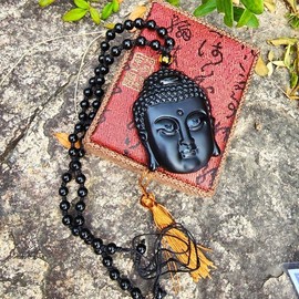 Obsidian Buddha Prayer Bead Necklace Gift Set - Protection Amulet, Lucky Gemstone, Volcanic Stone Buddhist Item Jewelry