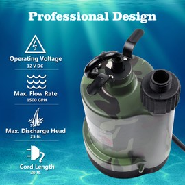 TIGEROAR 12V Submersible Pump 1500 GPH Water Transfer Pump with 20 ft. Cord and Waterfall Pump Hose Adapter for Utility Pump Camouflage Color