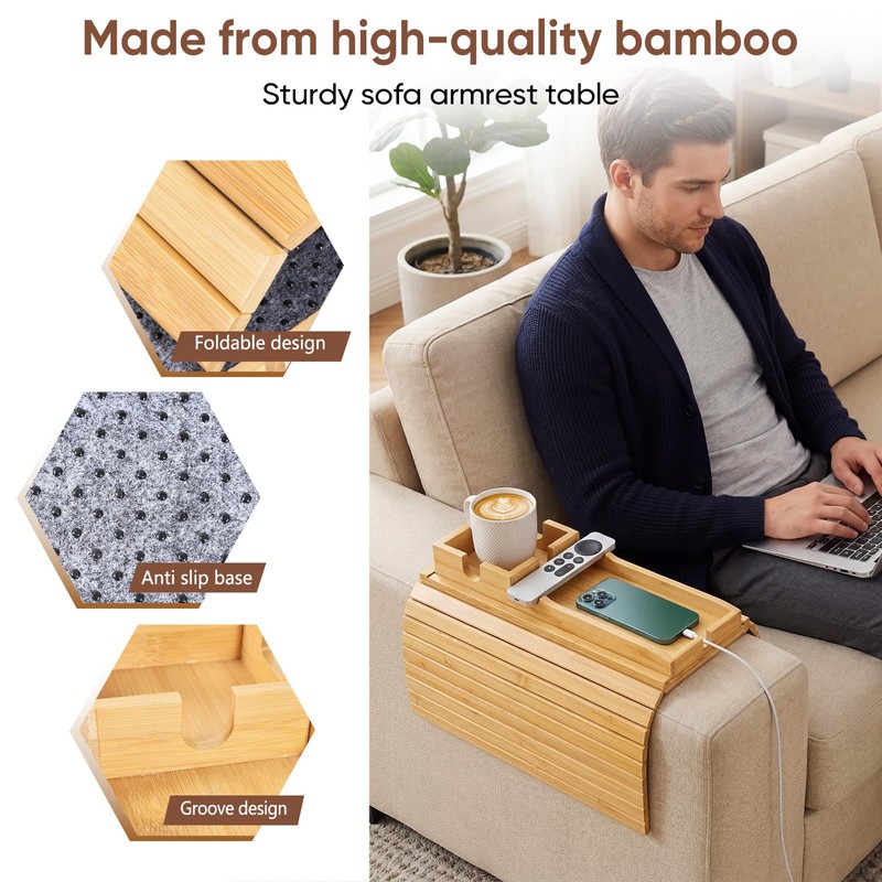 Bamboo Couch Arm Tray Table with Built-in Cup Holder, Foldable