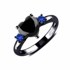 Hsitgexf Anillo de compromiso con circonita cúbica redonda de corazón y azul chapado en oro negro, anillo de compromiso de 3 piedras para mujer, talla 8 de EE. UU