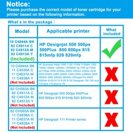 LCL Professional Version Compatible Ink Cartridge 10 82 C4844A C4911A C4912A C4913A Replacement for HP Designjet 100 100plus 500 500ps (4 Pieces Black Cyan Magenta Yellow)