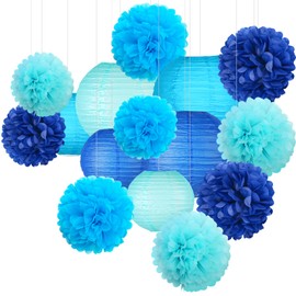 KAXIXI Hanging Party pom pom Set, 15pcs Blue Paper Flowers Pom Poms Balls and Paper Lanterns for Wedding Birthday Bridal Baby Shower Graduation, LanternPomPom009