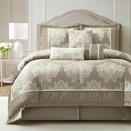 LANCO MODERN LIFESTYLE Beige Queen Comforter Set 7 Pieces, Jacquard Woven with Damask, Bedding Set in a Bag Includes Comforter, Bed Skirt, Pillow Shams, and Decorative Pillows