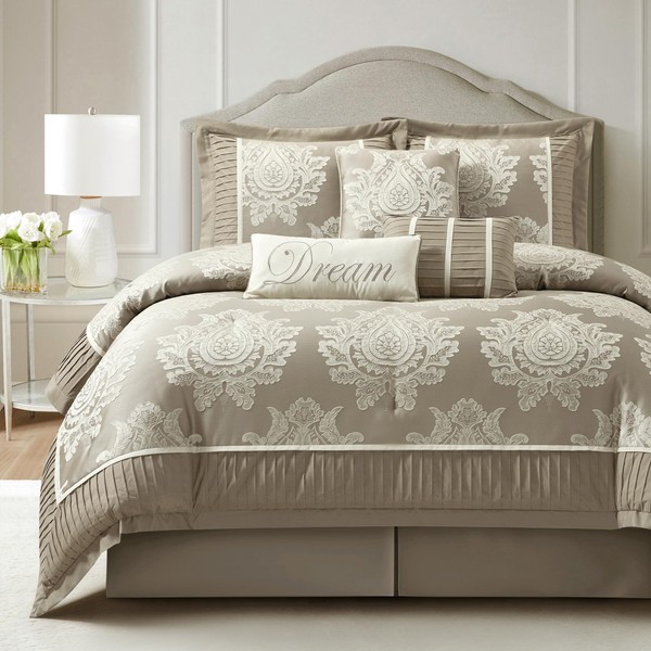 LANCO MODERN LIFESTYLE Beige Queen Comforter Set 7 Pieces, Jacquard