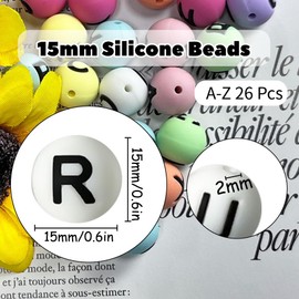 YOKUSHI 26 Pcs 15mm White Silicone Letter Beads A-Z, Loose Rubber Round Focal Alphabet Beads for Keychain Pens Necklace Bracelet Lanyard Making