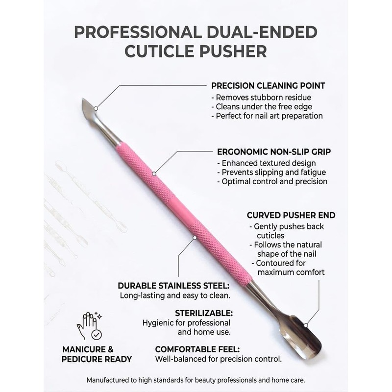 Professional Dual-Ended Cuticle Pusher & Scraper, Stainless Steel, Spear-Shaped Tip,