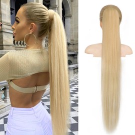Drawstring Ponytail Extension, Long Straight Pony Tails Hair Extensions Natural Soft Clip in Ponytail for Women Synthetic Hairpieces Blonde Highlight