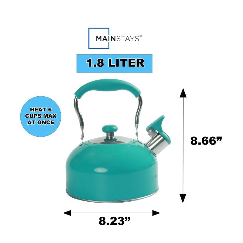 Mainstays Teal 1.8 Liter Stainless Steel Whistling Tea Kettle Turquoise