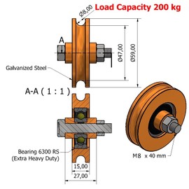 Steel Gate Wheel-59 Round R59-8-10, Galvanised, 8 mm Groove 10 mm Bearing