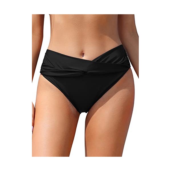 SHEKINI Women's Bikini Bottom Twist Front Swimsuit Brief Ruched Medium Waisted Bathing Suit Bottoms Black