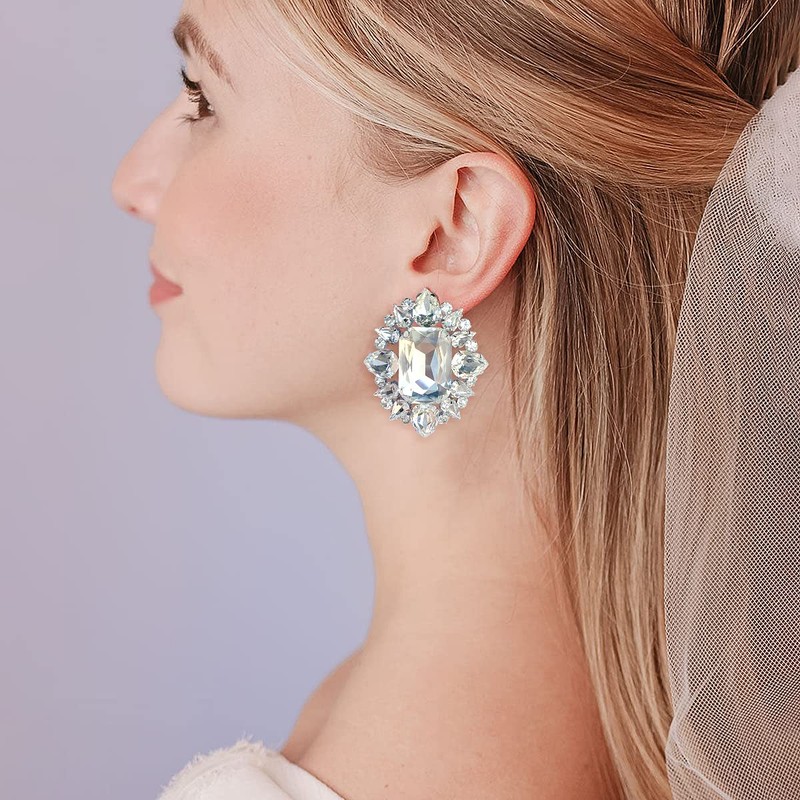 HESSAWELL Crystal Bridal Wedding Earrings, Sparkle Cluster Studs Large Lightweight