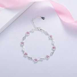Intenst Bracelet Silver Sweet Bracelet Pink Zircon Sakura Flower Charm Bracelets Women Chain Jewellery Bangle