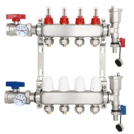 Floor Heating Manifold Kit, 4-Branch Radiant Heating Manifold 1/2" Adapters Stainless Steel Radiant Heat Pex Manifold Set