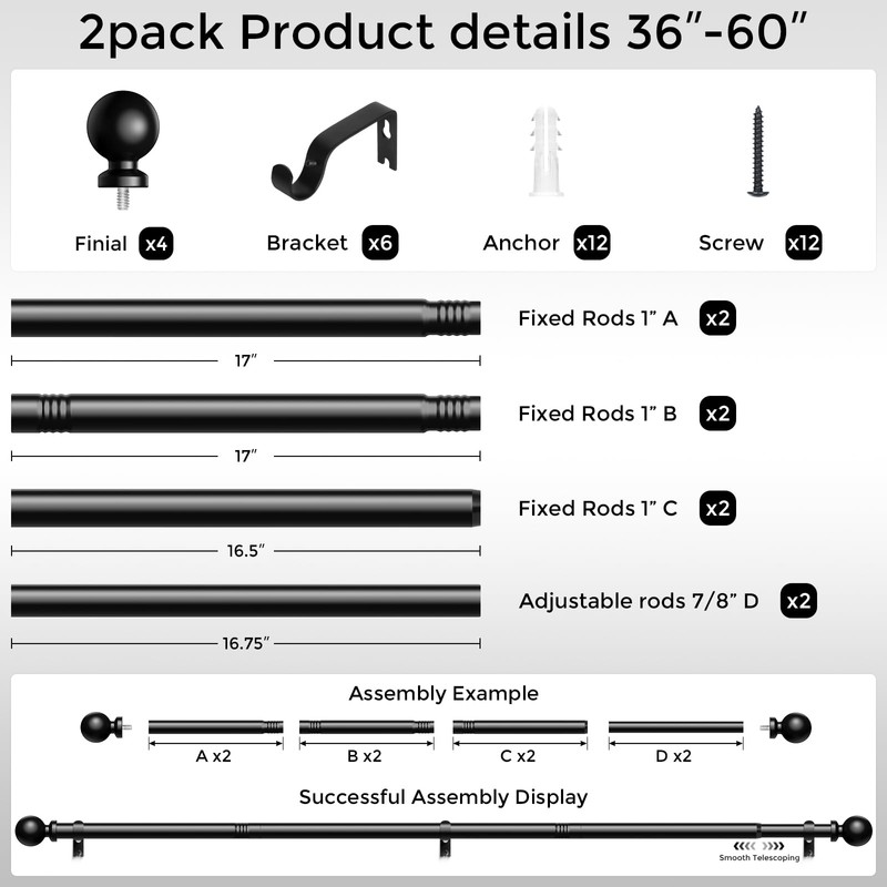 Wolistsa 2 Pack Curtain Rods 36-60 Inch, Black 1 Inch