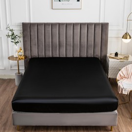 Morbuy Small Double Fitted Sheet Satin Silk Bed Sheets, Black Fitted Sheets Deep Pocket 30 cm, Easy Care Ultra Soft Silky Fitted Bedsheets Good for Skin & Hair