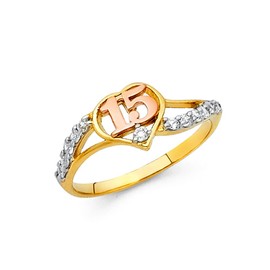 14k Two Tone Gold SOLID Sweet 15 Years Birthday CZ Heart Quinceanera Ring - Size 8