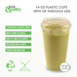[50 PACK] 14 oz Cups | Iced Coffee Go Cups and Sip Through Lids | Cold Smoothie | Plastic Cups with Sip Through Lids | Clear Plastic Disposable Pet Cups | Ideal for Parfait, Juice, Soda, Party Cups