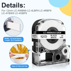 UniPlus 5x Compatible Label Tape Replacement for LC-4WBN9 LC-4LBP9 LC-4RBP9 LC-4YBW9 LC-4GBP9 Label Tape 12 mm x 8 m for LabelWorks LW-300 LW-400 LW-500 LW-600P LW-700 LW-900P, KingJim Tejim pra Pro