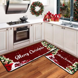 boilopp home Christmas Kitchen Rugs Set of 2 Kitchen Floor Mats Non-Slip Backing Kitchen Mat Xmas Decorative Washable Doormat Runner Rug 17"x47.2"+17"x30" Merry Christmas Decorations