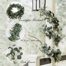 SOMYTING Pack of 4 Artificial Garlands Eucalyptus with Willow Leaves Green Leaves White Flower Garland Artificial Plant Hanging Plant for Background Wedding Decoration Table Runner Centrepiece