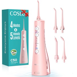 COSLUS C50 Water Flosser for Teeth Cordless: 4 Modes & 20 Levels - Portable Irrigador Dental for Health - Conscious Sensitive Users Gums - Travel Home Use with 4 Jet Tips - Pink