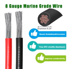 8 Gauge Marine Wire Tinned Copper Boat Cable, Standard USA OFC Oxygen Free Copper Wire for Automotive Boat Speakers Solar Outdoors (8 Gauge 5FT Red+5FT Black)