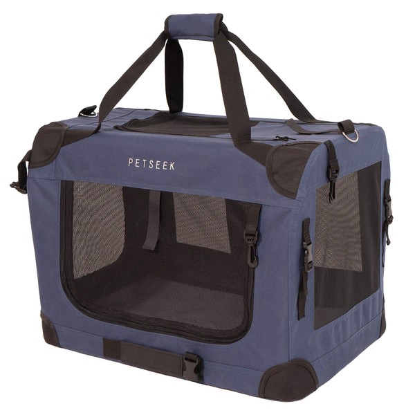 Petseek Extra Large Cat Carrier Soft Sided Folding Small Medium Dog Pet Carrier 24"x16.5"x16" Travel Collapsible Ventilated Comfortable Design Portable Vehicle (Blue)