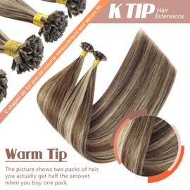 Sunny Hair K Tip Hair Extensions Real Human Hair Soft Keratin tip Hair Extensions Medium Brown Highlight Caramel Blonde Fusion for Women Vibrant Highlights 14inch 50g